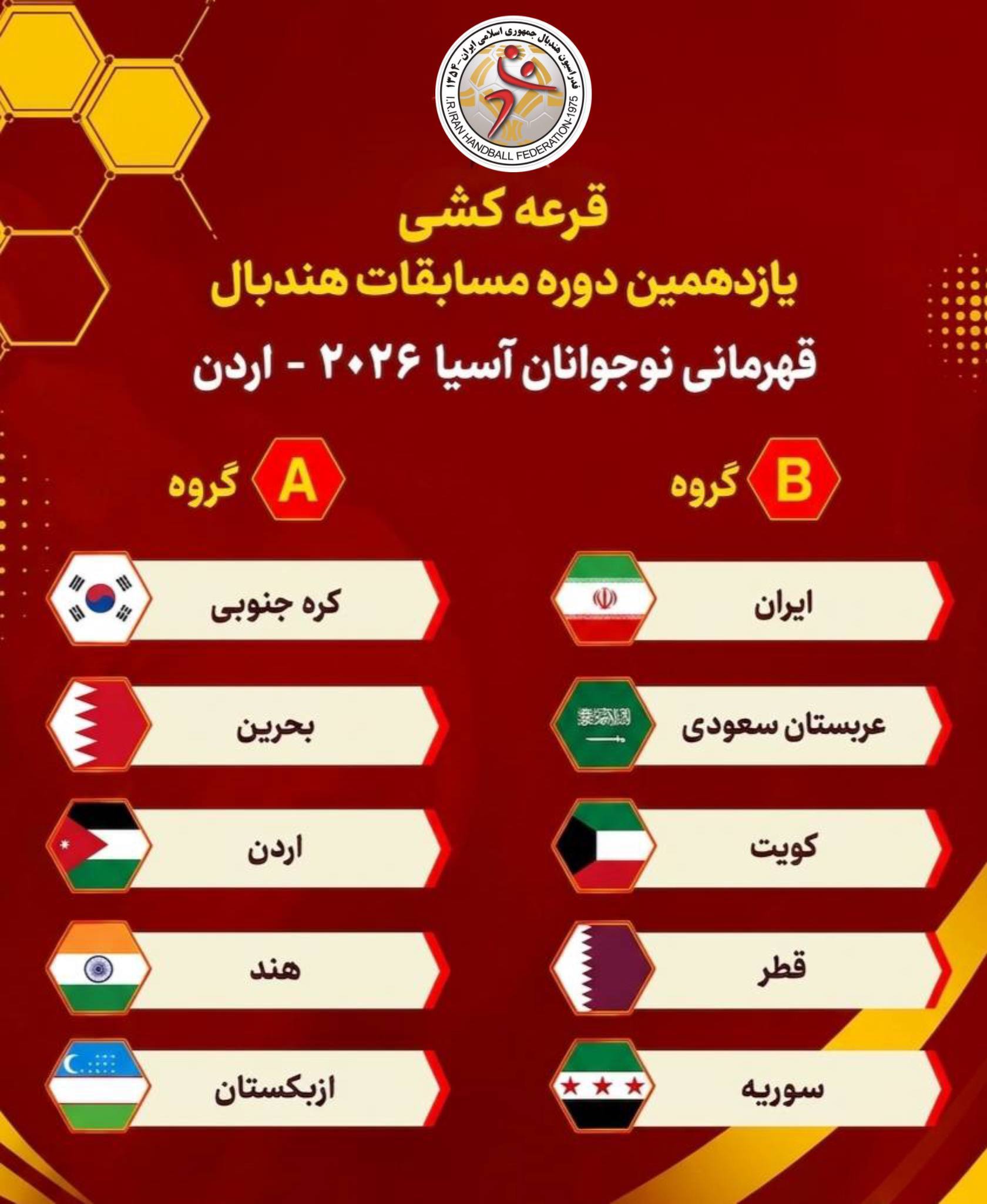 هندبال قهرمانی نوجوانان آسیا/ ایران با سه مدعی همگروه شد